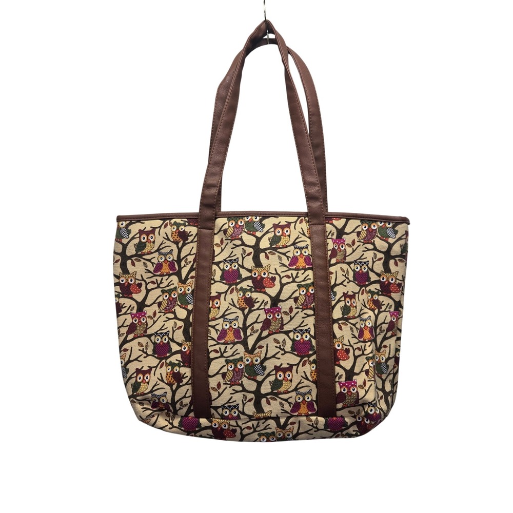 NWT Howard's Owl Print Canvas Tote Bag Brown Faux Leather Trim Zip Top‎ Medium